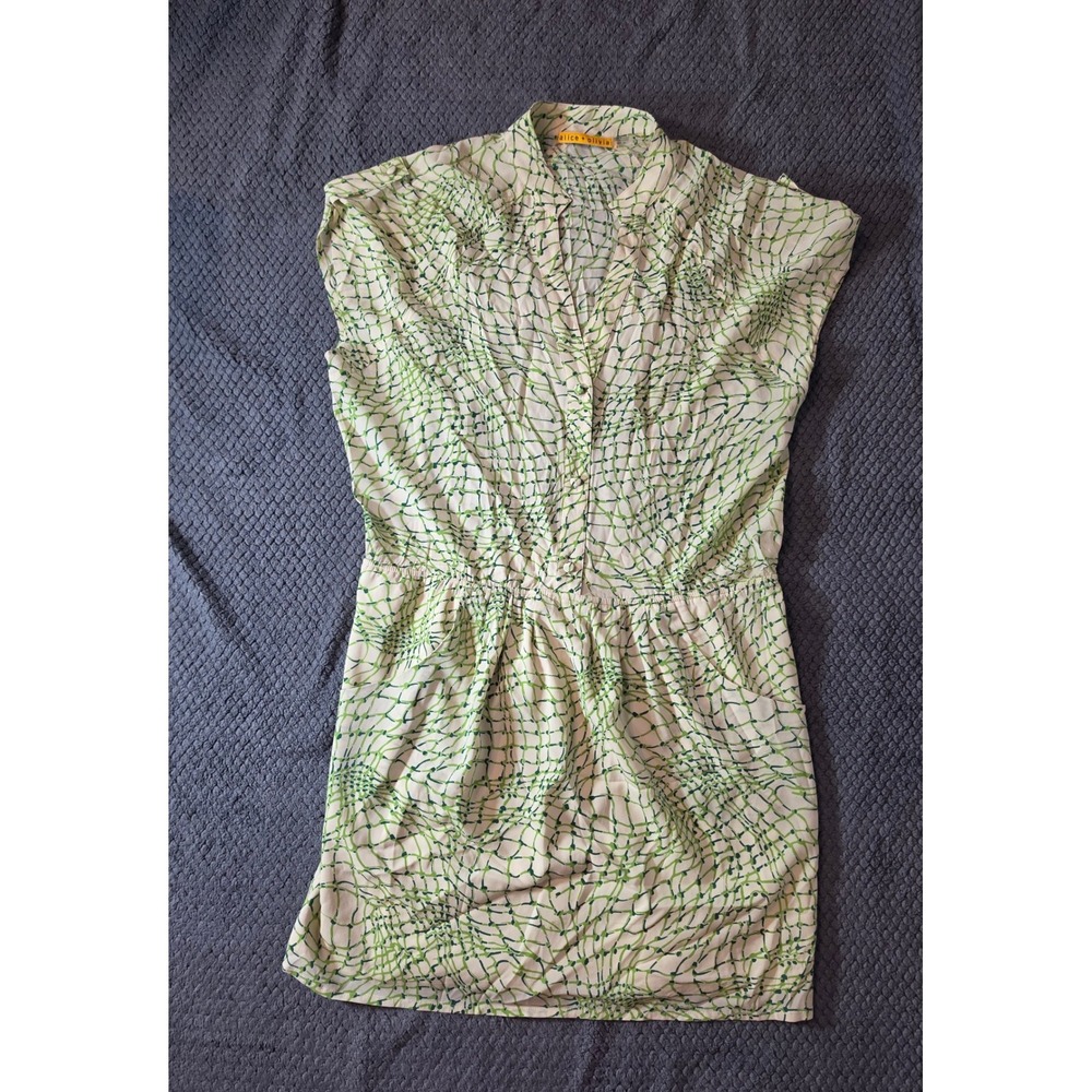 Alice + Olivia Silk Mini Dress Green Cream Geometric Print Pockets Size M